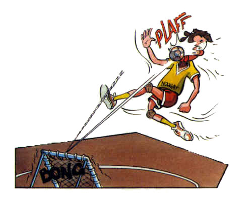 Zeichnung eines Tchoukballspielers, der den Ball auf das Netz wirft und ihn nach dem Rückprall an den Kopf kriegt